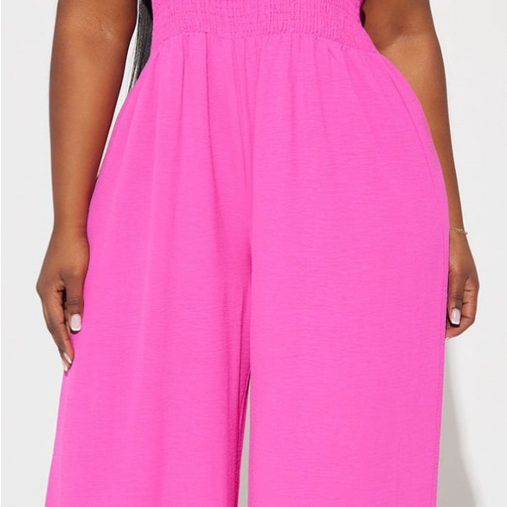 Wide-Leg Smocked Waist Jumpsuit in Bright Pink